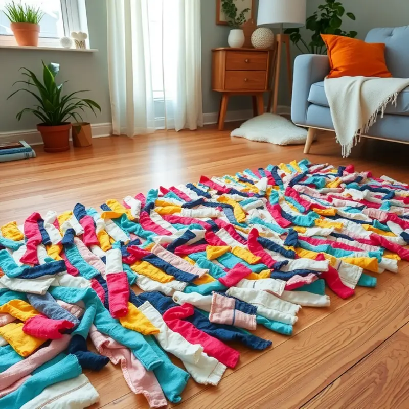 Colorful no-sew rag rug using fabric scraps.