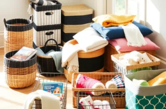 Bright and organized apartment filled with baskets, plants, and home decor.