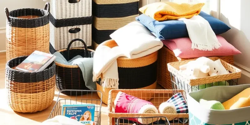 Bright and organized apartment filled with baskets, plants, and home decor.