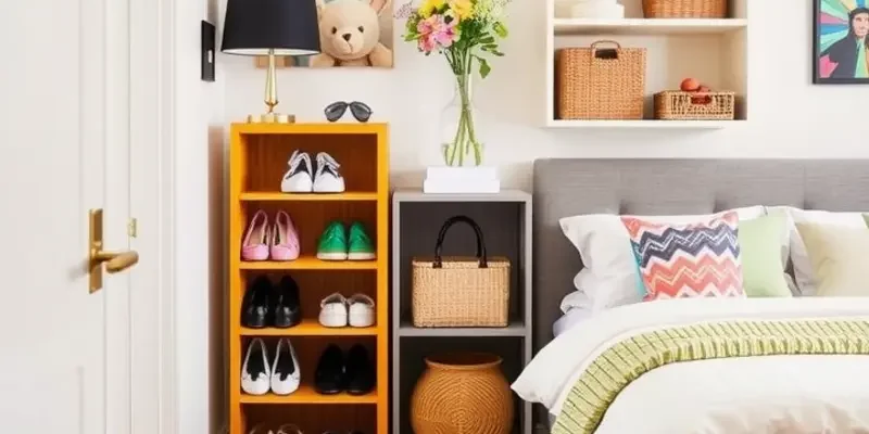 A beautifully organized apartment interior displaying various shoe storage solutions, creating a welcoming and stylish living space.