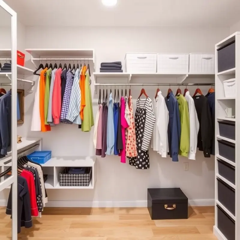Maximized vertical space in a closet with shelves and tiered hanging options.