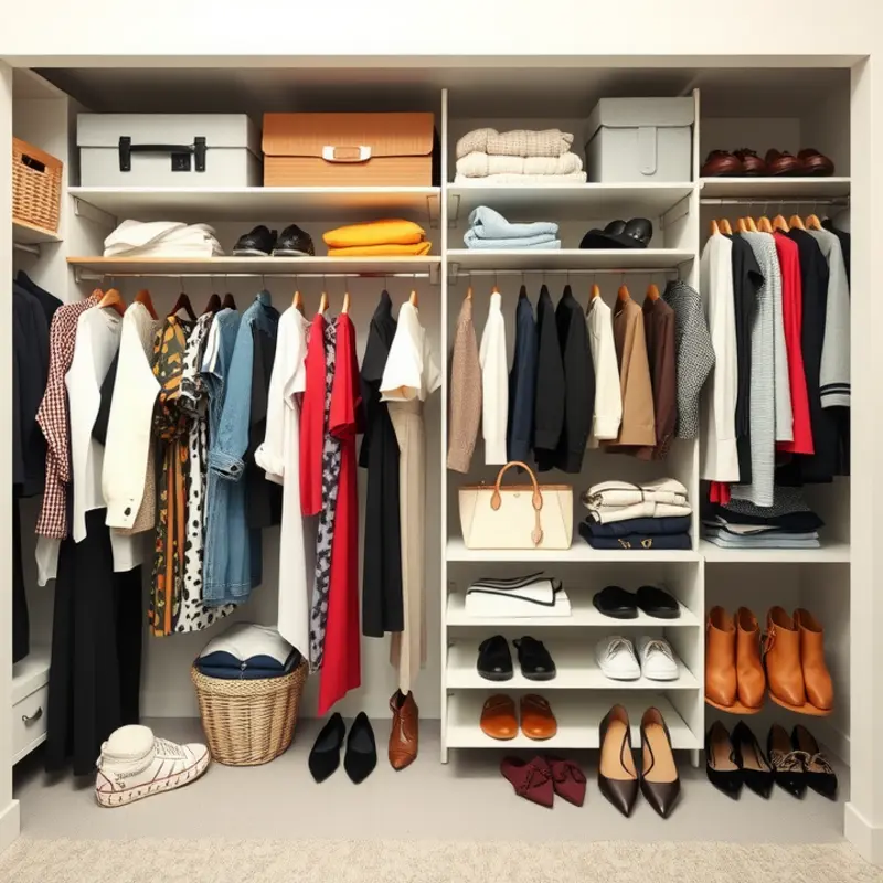 An organized closet showcasing the before and after of decluttering.