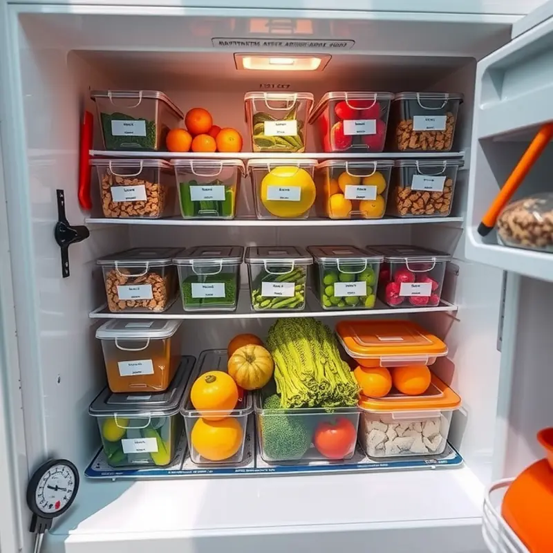 A tidy apartment freezer showcasing an organized food storage system.