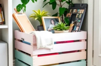 A beautifully organized rental living area showcasing handmade storage crates filled with personal items, plants, and cozy decor.