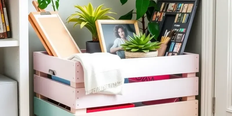 A beautifully organized rental living area showcasing handmade storage crates filled with personal items, plants, and cozy decor.
