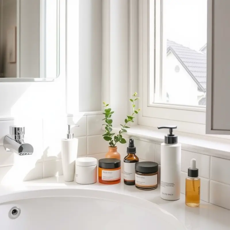 Essential skincare products laid out neatly in an apartment bathroom.
