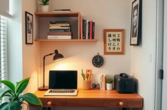A well-organized desk with lighting, plants, and office supplies depicting a cozy and productive environment.