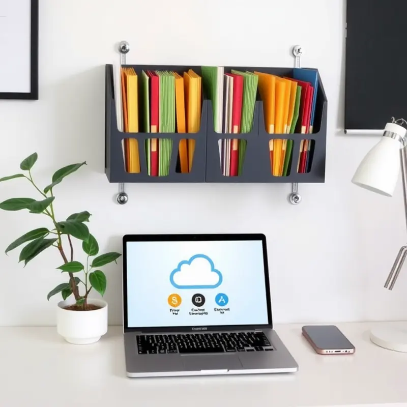 Young couple organizing important moving documents in their home office.