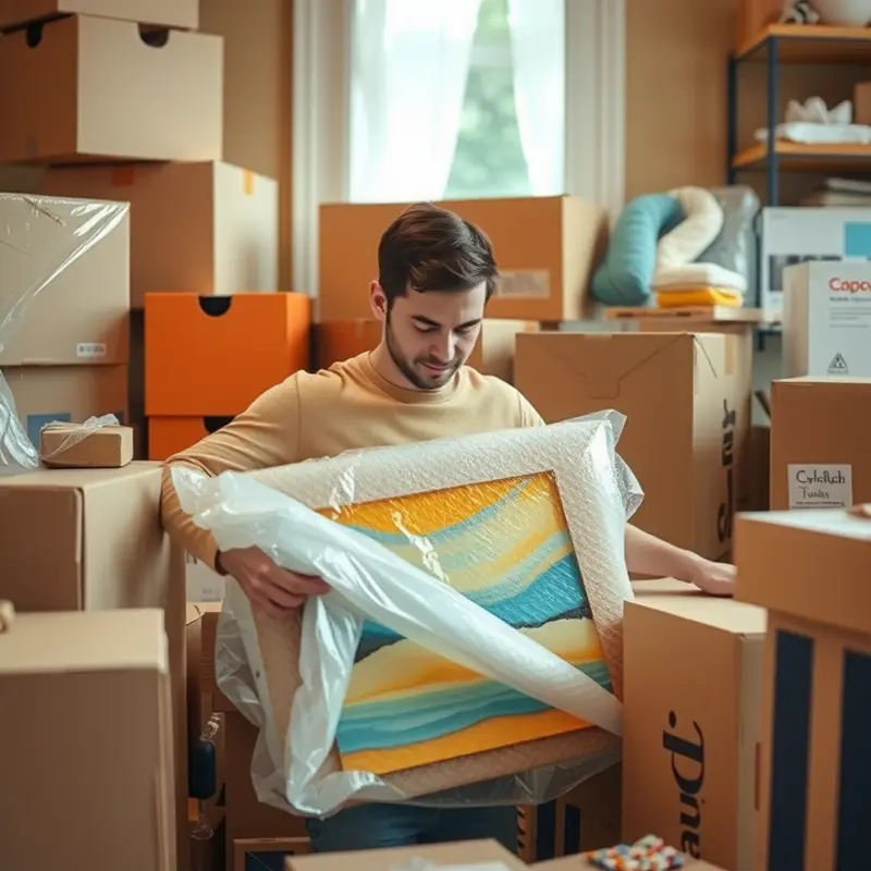 Packing artwork with care during a move.