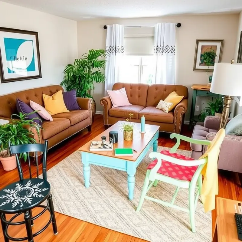 A vibrant living room with creatively painted furniture, offering a welcoming and personalized atmosphere.