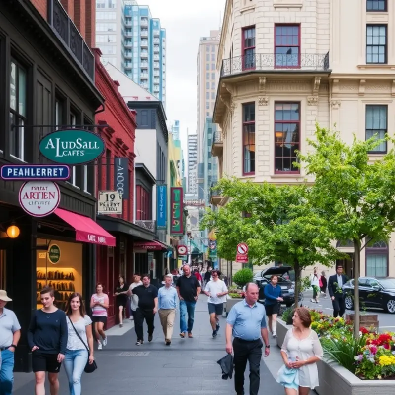 A lively street in the Pearl District filled with cafes, art, and community.