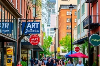 Sunset over Portland's Pearl District, showcasing illuminated buildings and a vibrant city life.