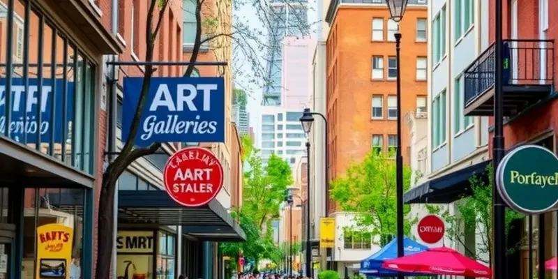 Sunset over Portland's Pearl District, showcasing illuminated buildings and a vibrant city life.