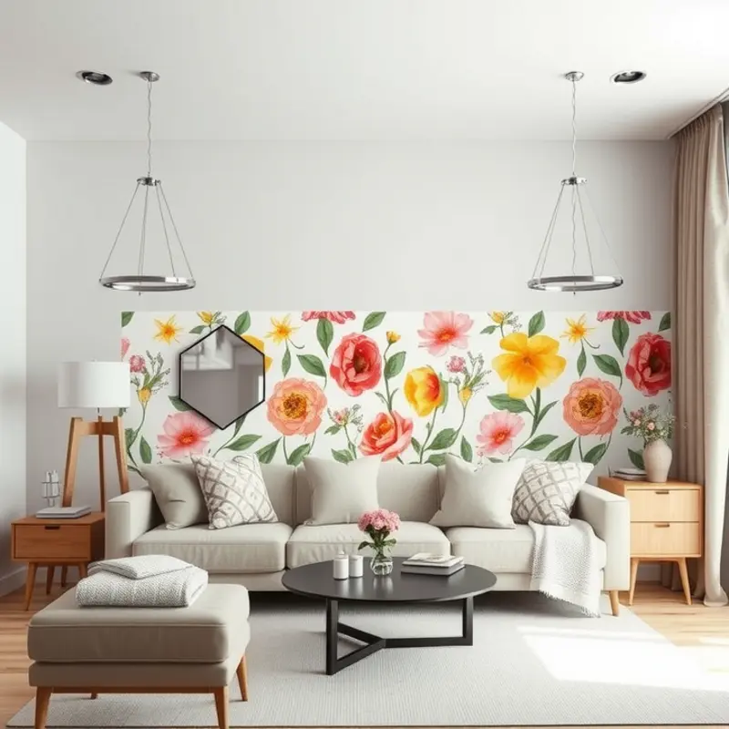 A rental living room enhanced with peel-and-stick floral wallpaper.