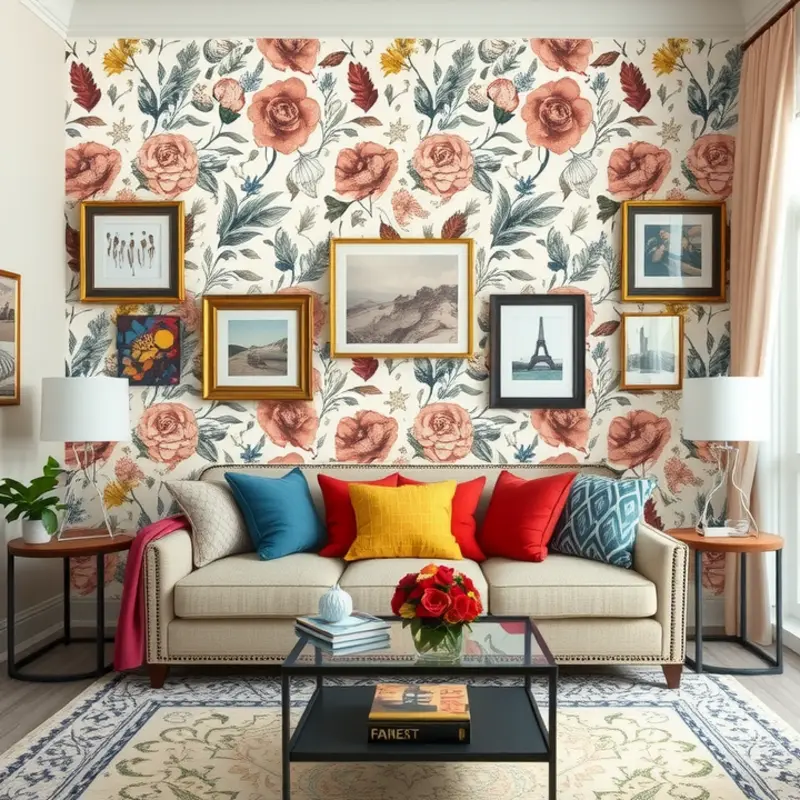 Living room with stylish peel-and-stick wallpaper.