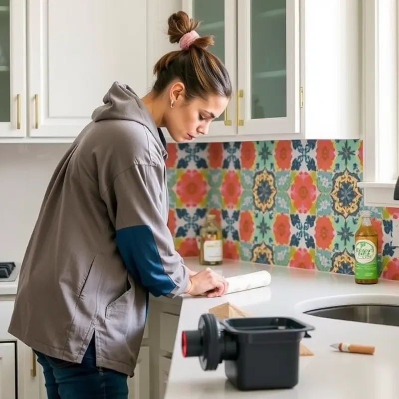 Applying vibrant peel-and-stick tiles to personalize a rental kitchen countertop.