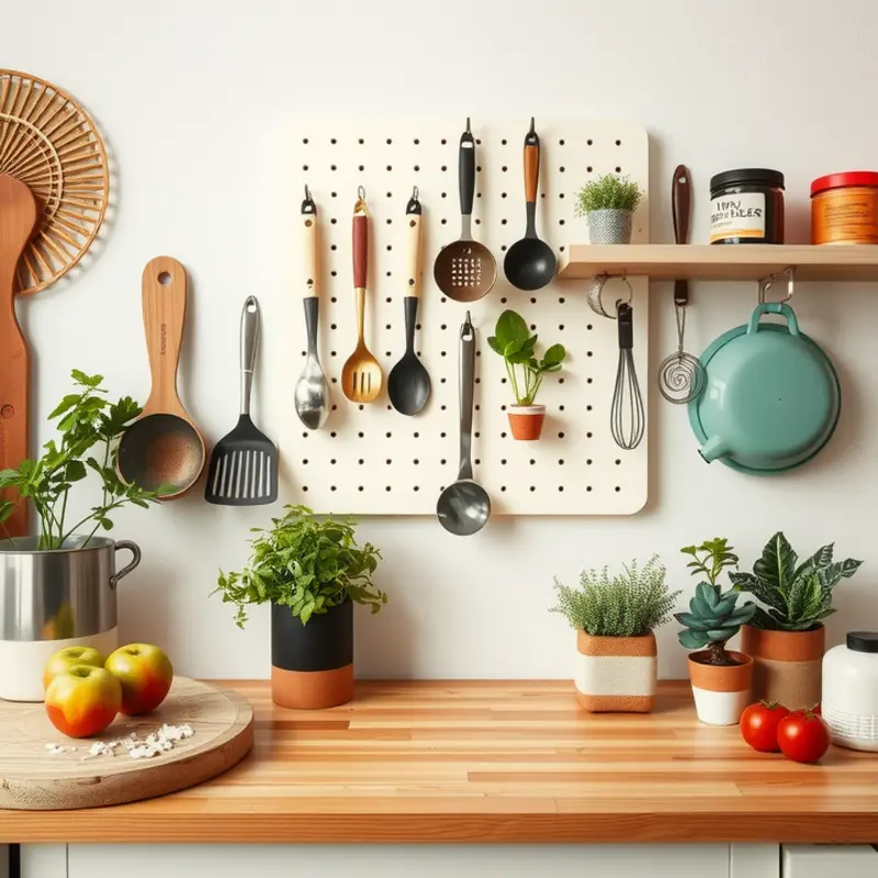 A stylish pegboard solution for organizing kitchen utensils.