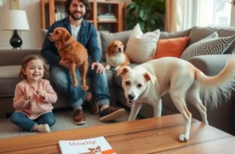Family with pets enjoying time together in a colorful apartment.