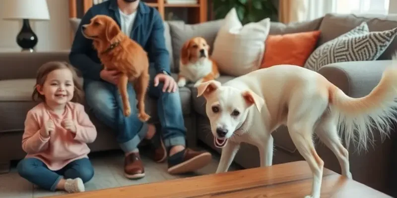 Family with pets enjoying time together in a colorful apartment.