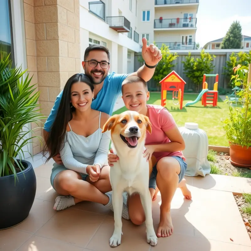 A family enjoying quality time in a pet-friendly apartment’s outdoor space.