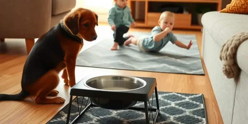 A pet-friendly apartment with cozy decor and a dog near its feeding station.