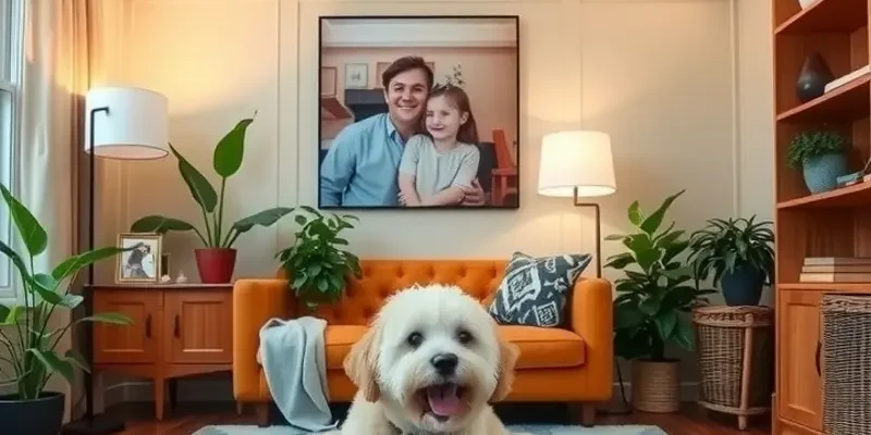 An apartment overview showcasing pet-friendly lighting and vibrant family life.