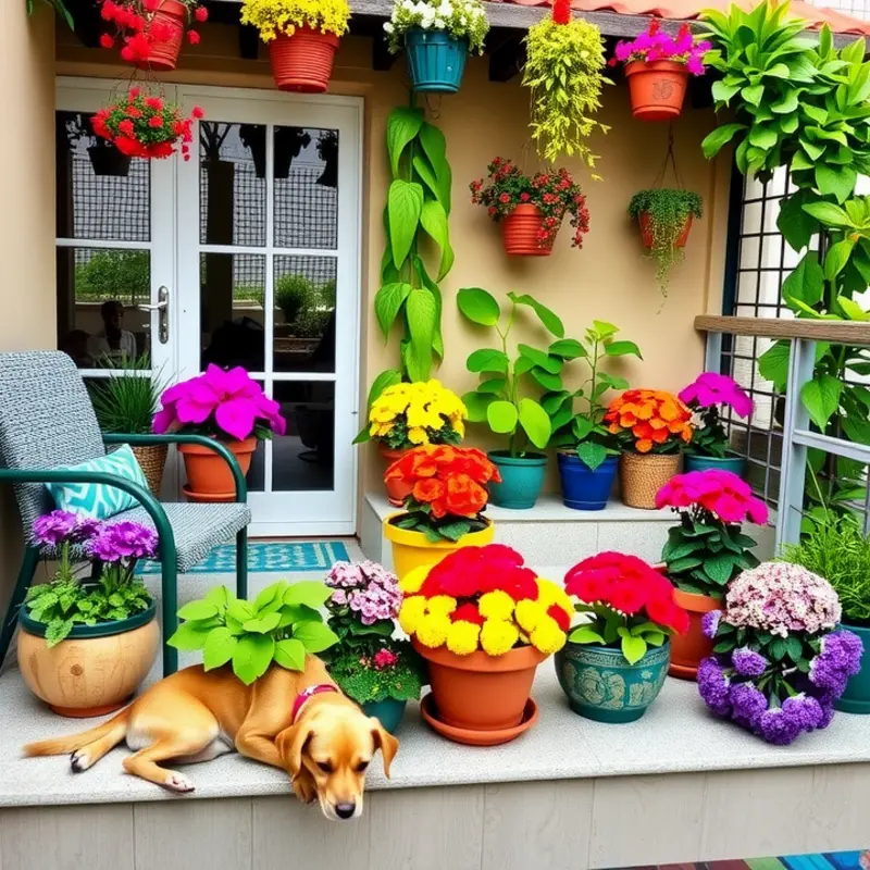 A pet-friendly balcony filled with colorful plants and a cozy seating area for relaxation.