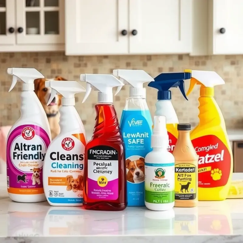 An array of cleaning supplies labeled as pet-friendly, showcasing a variety of natural ingredients.