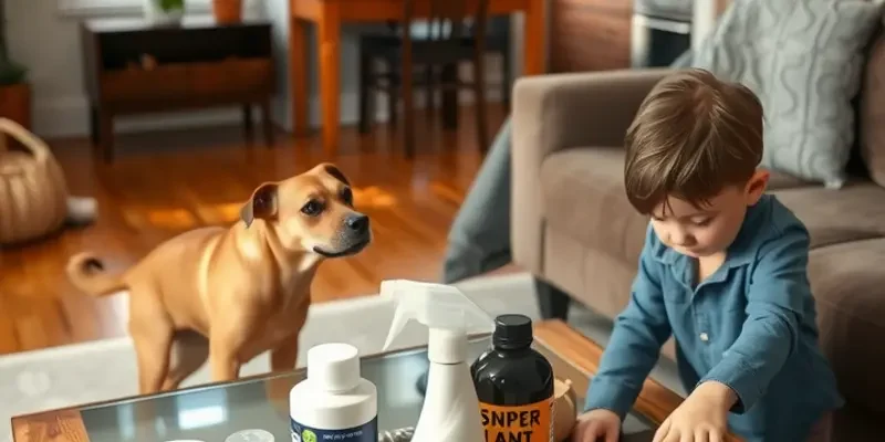 A family with pets in a sunny apartment with greenery, highlighting a peaceful living space.