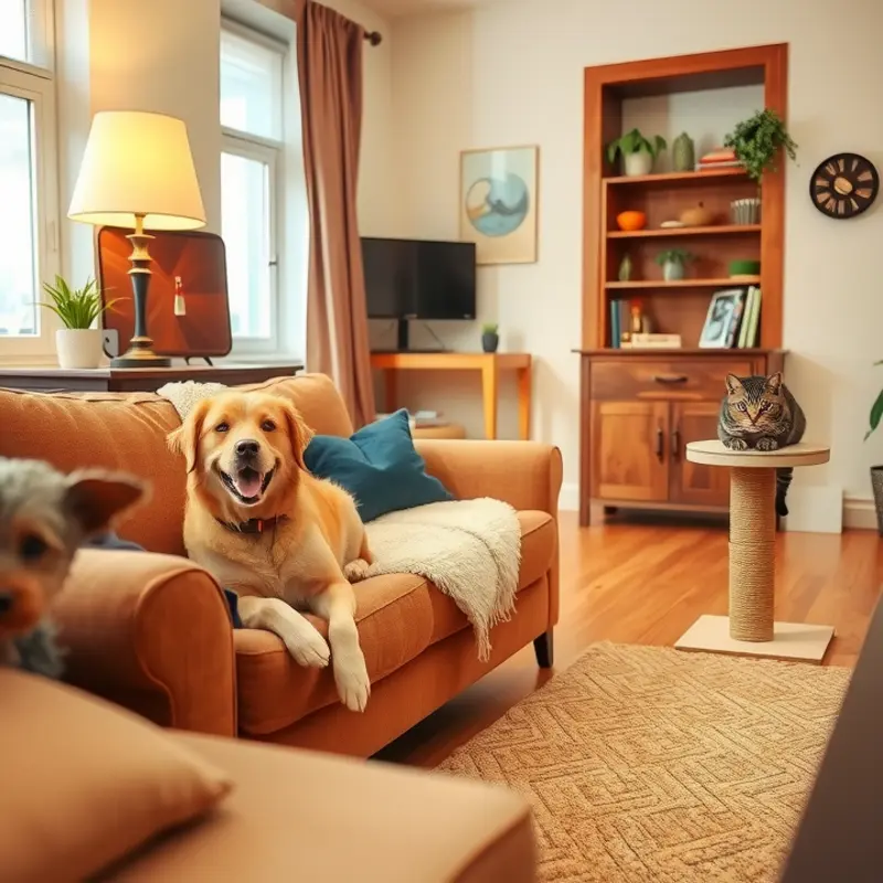 A cozy pet-friendly living room filled with joy and friendly animals.