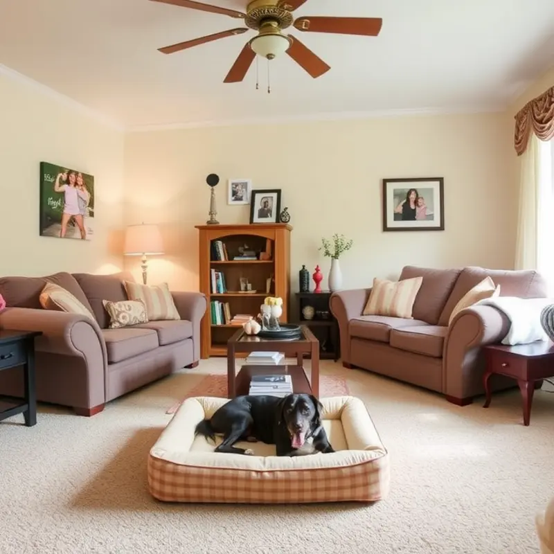 A beautifully designed, pet-friendly living room ready for both pets and kids.