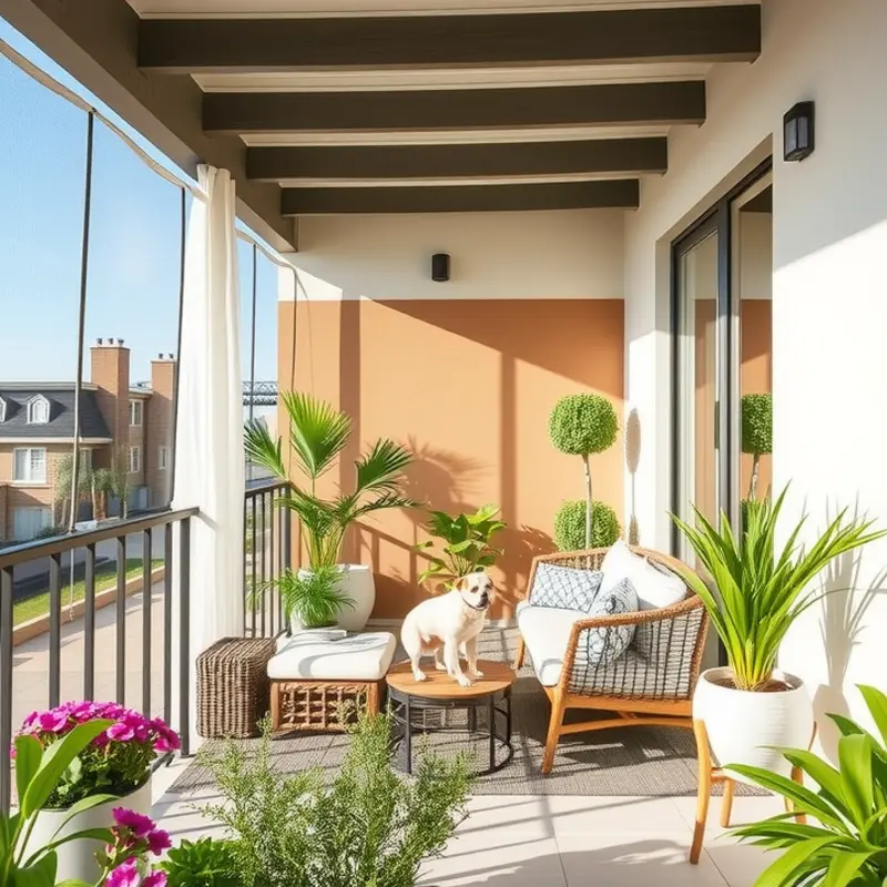 A beautiful pet-friendly balcony overlooking a cityscape, providing safety and comfort for pets.