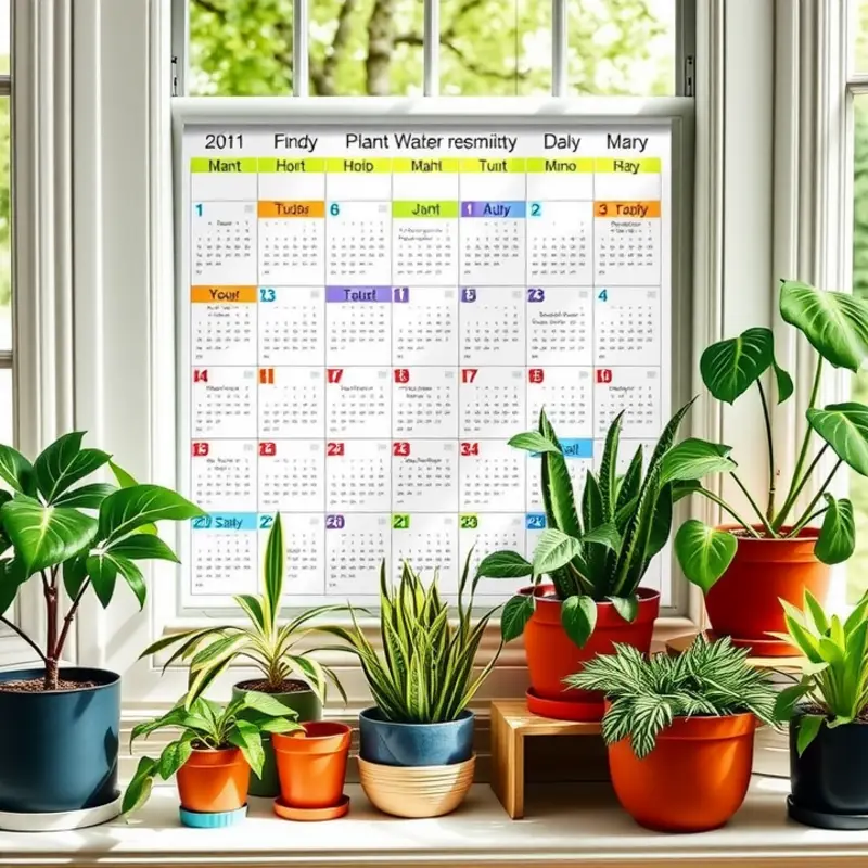 A colorful calendar highlighting the best watering times for apartment plants.