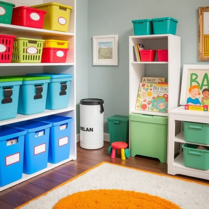An organized and child-friendly playroom with smart storage solutions.