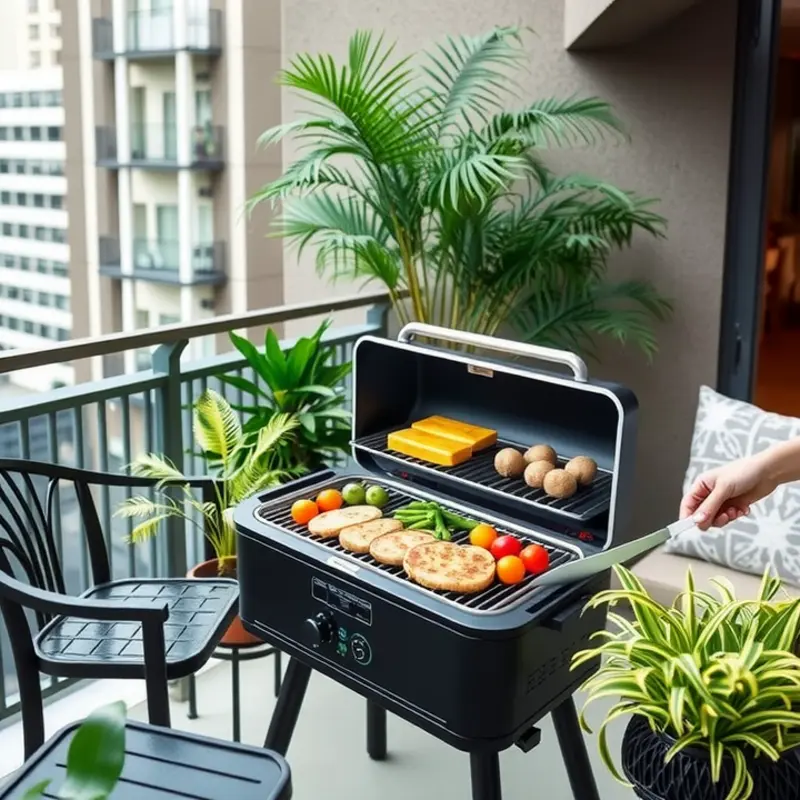A portable electric grill on an apartment balcony offers a safe cooking option.