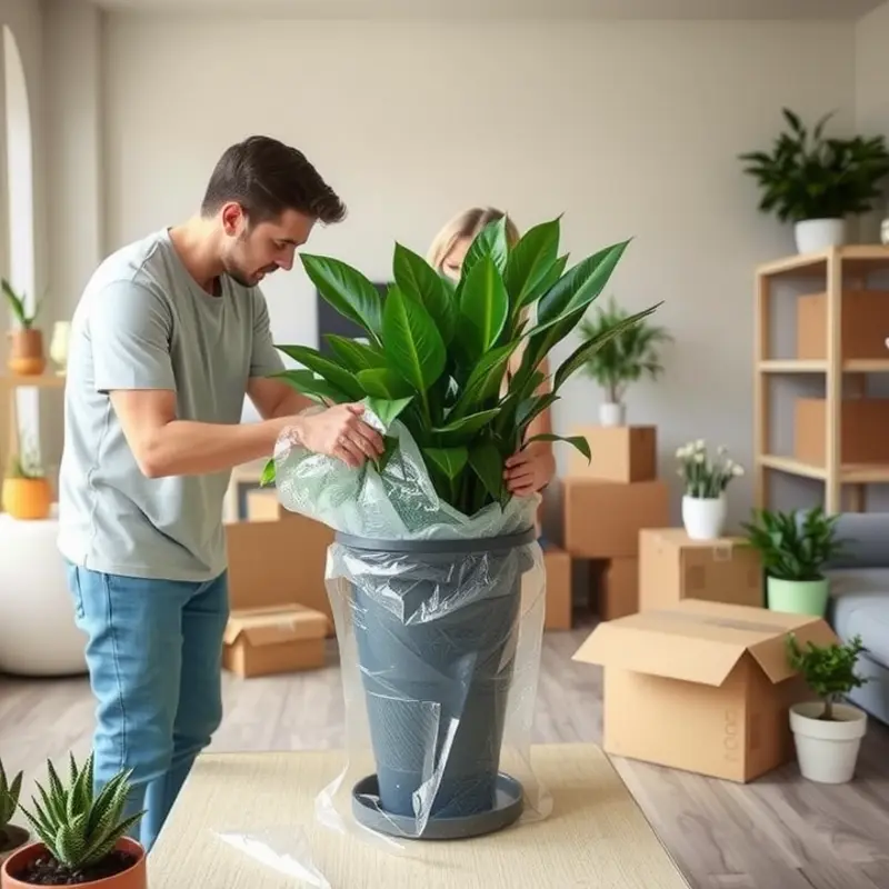 Couple preparing their plants for a move in a bright living room.
