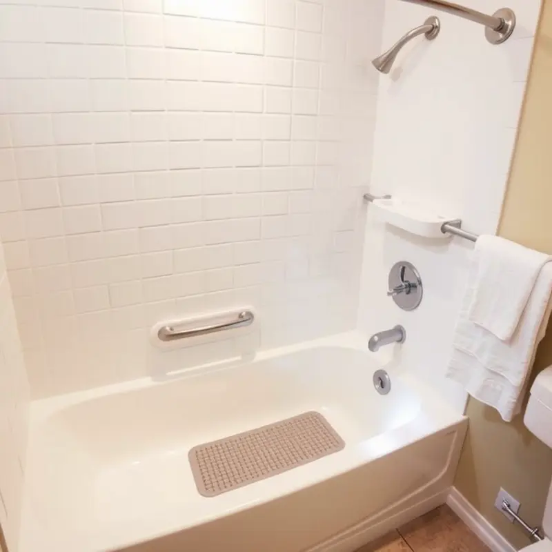 A safe and stylish bathroom setup for renters prioritizing bathtub safety.
