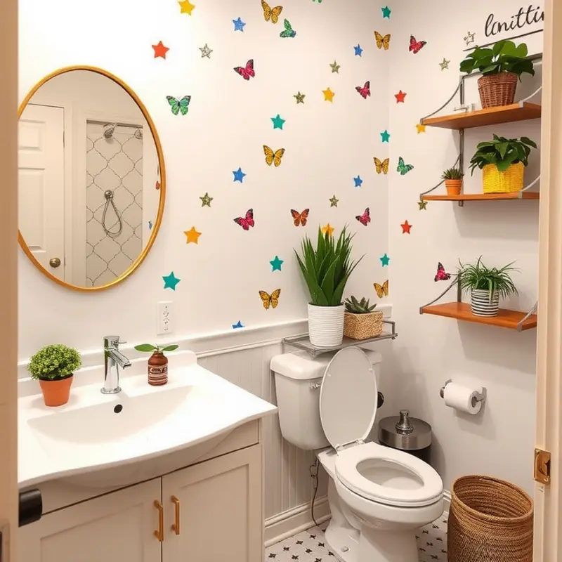A revitalized rental bathroom with removable wall art and personal decor.