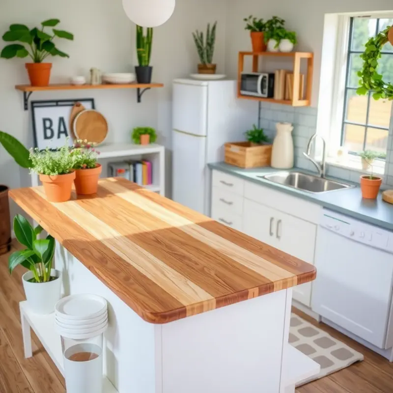 Applying vibrant peel-and-stick tiles to personalize a rental kitchen countertop.