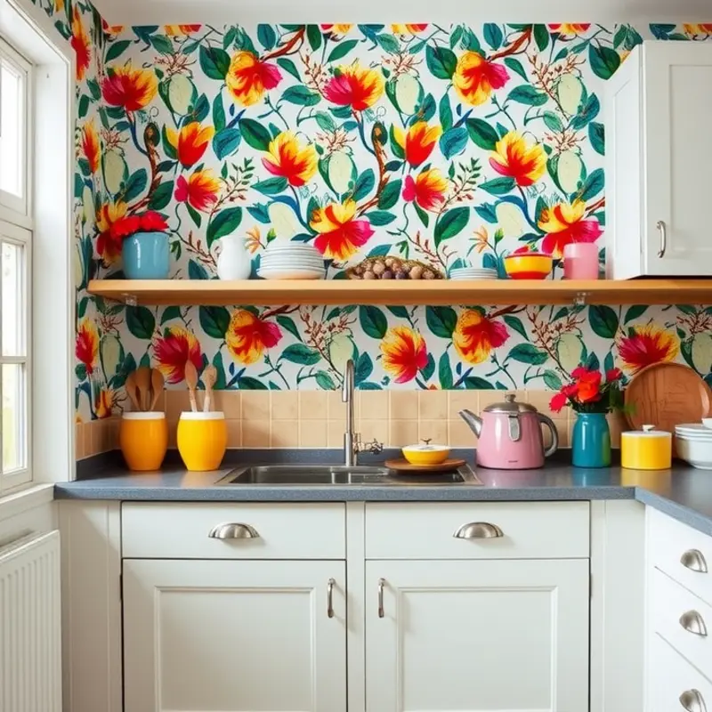 A stylish kitchen with removable wallpaper that adds character and color.