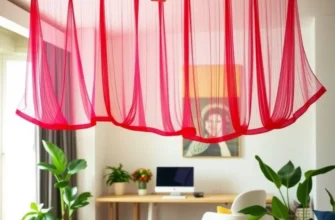 A rental space decorated with various DIY room dividers including fabric drapes and shelving.
