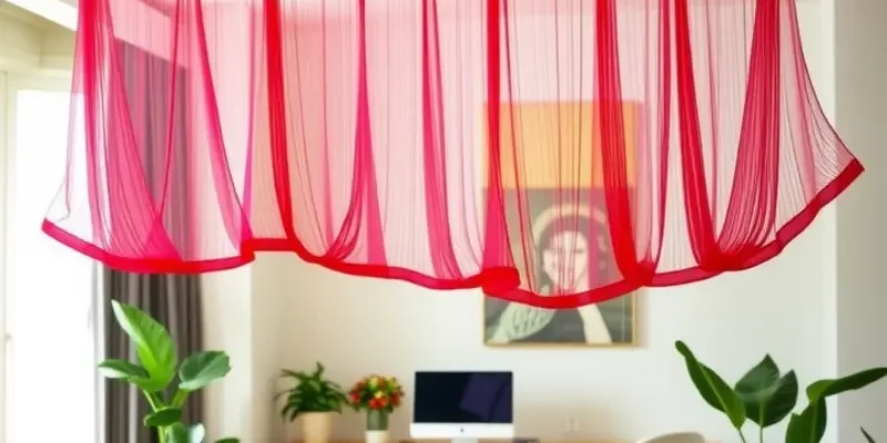 A rental space decorated with various DIY room dividers including fabric drapes and shelving.