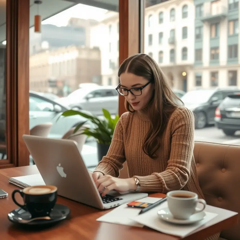A young adult exploring rental options in a coffee shop.