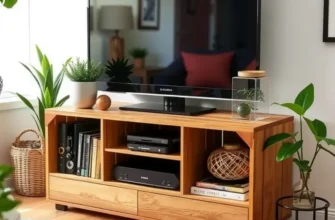 Stylish rental living room with a personalized DIY TV stand and decor.