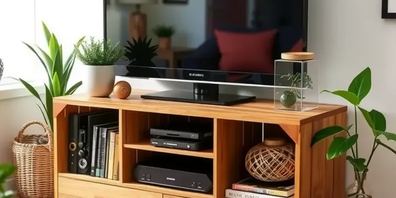 Stylish rental living room with a personalized DIY TV stand and decor.