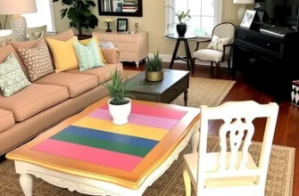 Bright rental living room featuring DIY furniture makeovers with painted and slipcovered pieces.