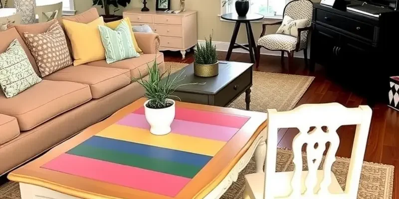 Bright rental living room featuring DIY furniture makeovers with painted and slipcovered pieces.