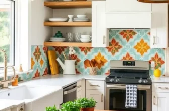 Stylish rental home featuring creative decor and peel and stick tiles in the kitchen and bathroom.