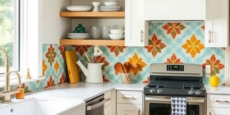 Stylish rental home featuring creative decor and peel and stick tiles in the kitchen and bathroom.