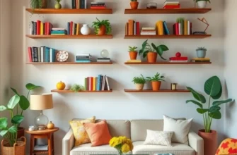 A decorated rental living room featuring multiple creative book storage solutions.